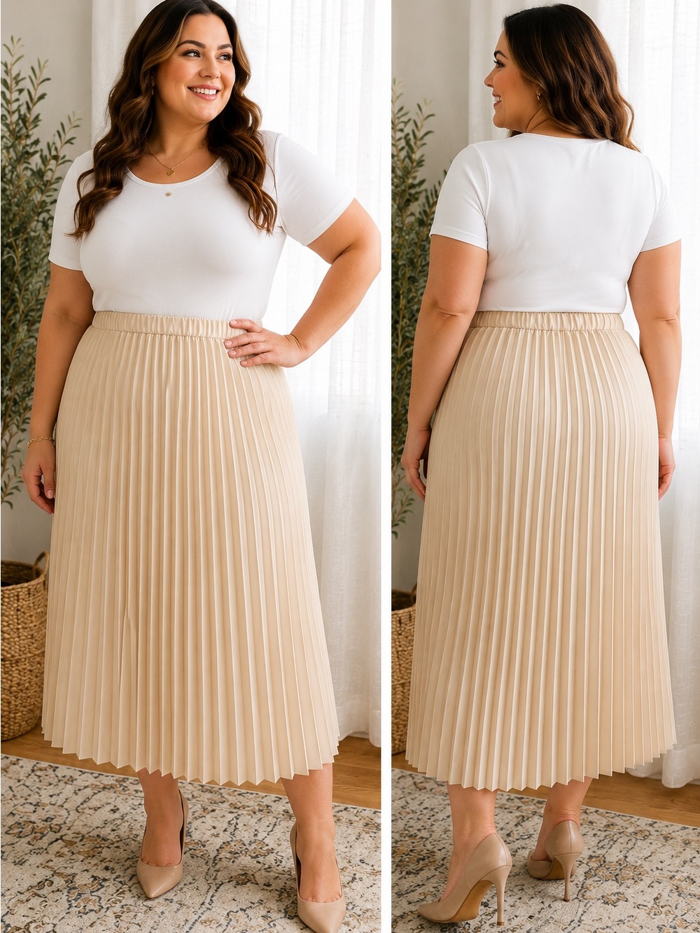 Anne Klein Beige Pleated Midi Skirt